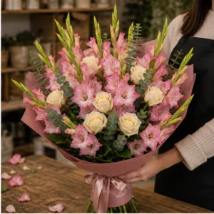Buchet gladiole roz cu trandafiri crem - poza 2