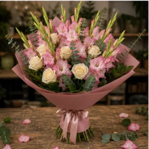 Buchet gladiole roz cu trandafiri crem - poza 3
