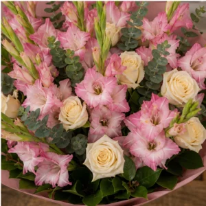 Buchet gladiole roz cu trandafiri crem - poza 4