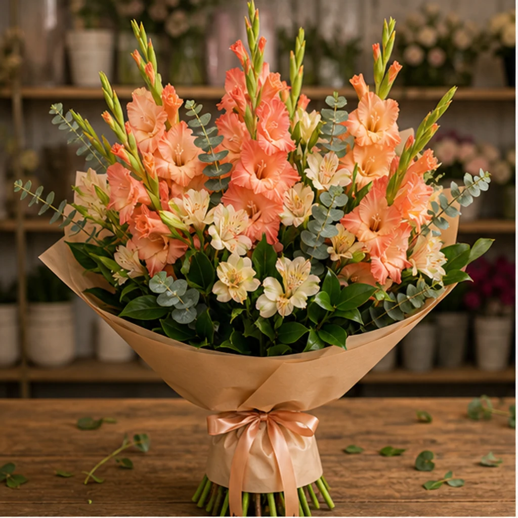 Buchet gladiole somon cu alstroemeria - poza 1