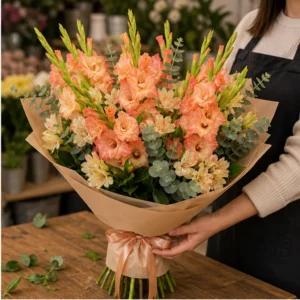 Buchet gladiole somon cu alstroemeria - poza 2
