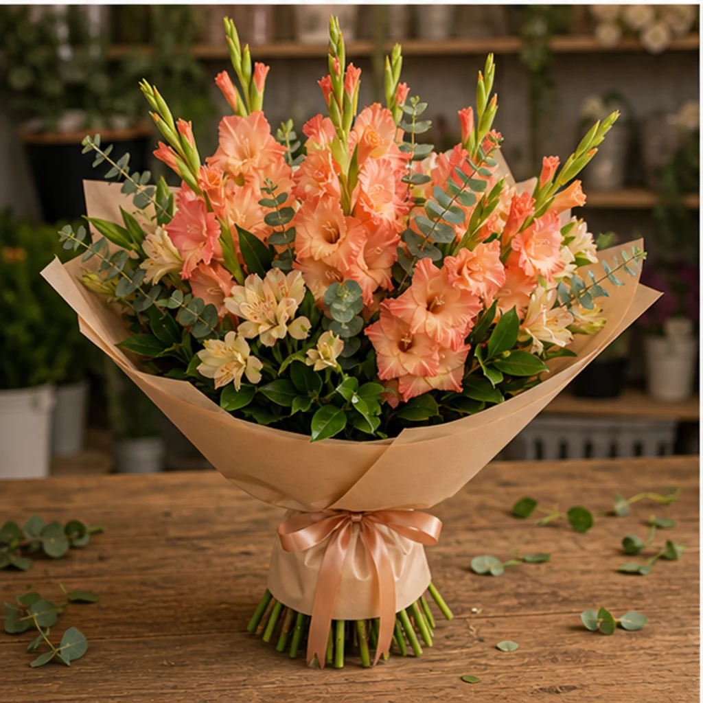 Buchet gladiole somon cu alstroemeria - poza 3