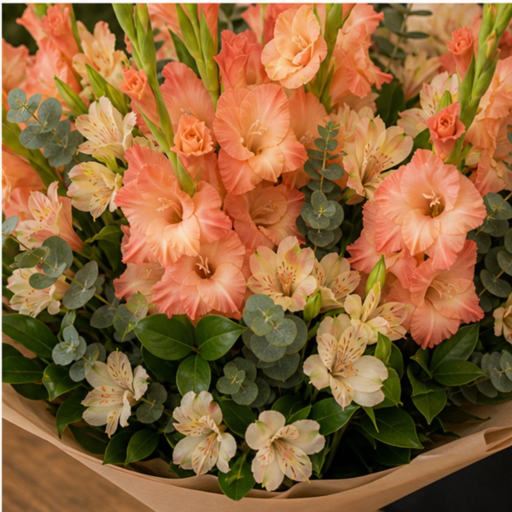 Buchet gladiole somon cu alstroemeria - poza 4