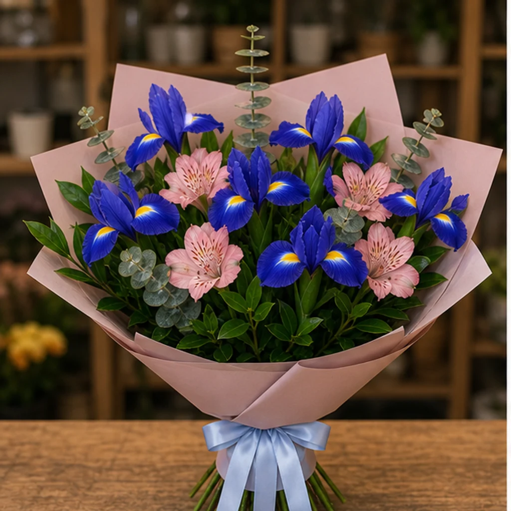Buchet irisi albastri si alstroemeria roz - poza 1