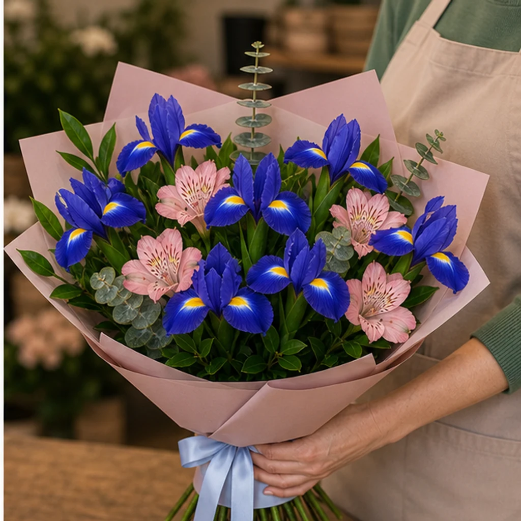 Buchet irisi albastri si alstroemeria roz - poza 2