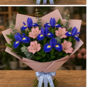 Buchet irisi albastri si alstroemeria roz - poza 3