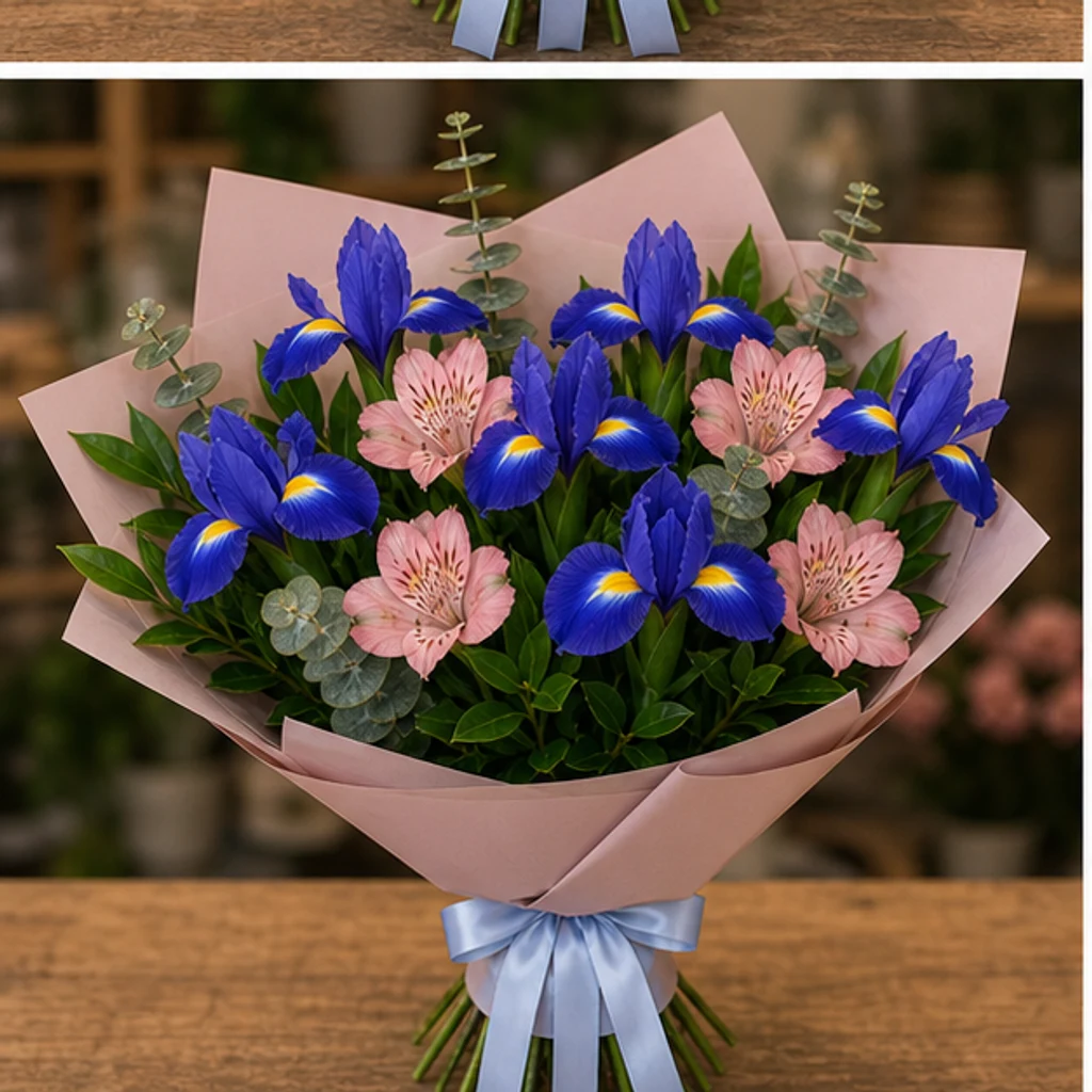 Buchet irisi albastri si alstroemeria roz - poza 3