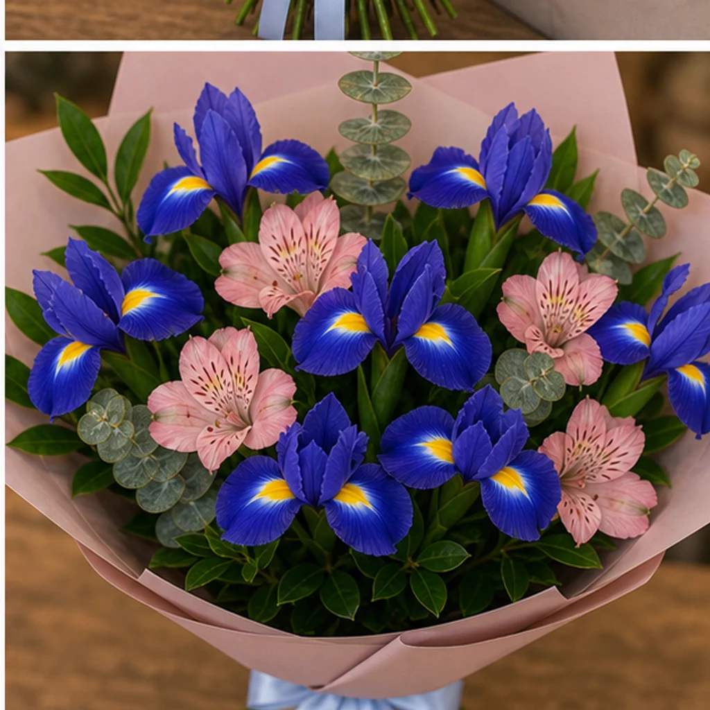 Buchet irisi albastri si alstroemeria roz - poza 4