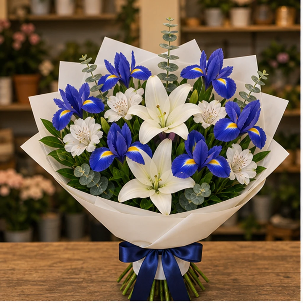 Buchet irisi albastri si crini albi - poza 1