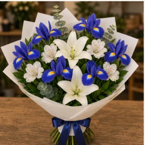Buchet irisi albastri si crini albi - poza 3