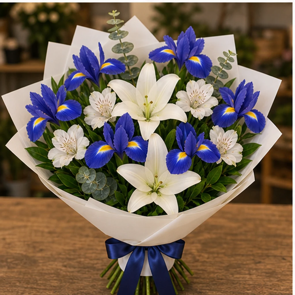 Buchet irisi albastri si crini albi - poza 3