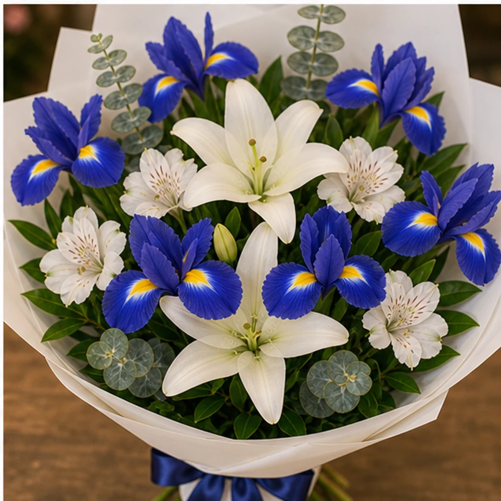 Buchet irisi albastri si crini albi - poza 4