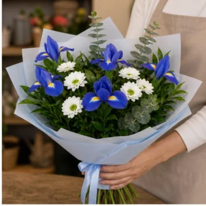 Buchet irisi albastri si santini alb - poza 2