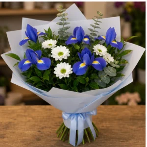 Buchet irisi albastri si santini alb - poza 3