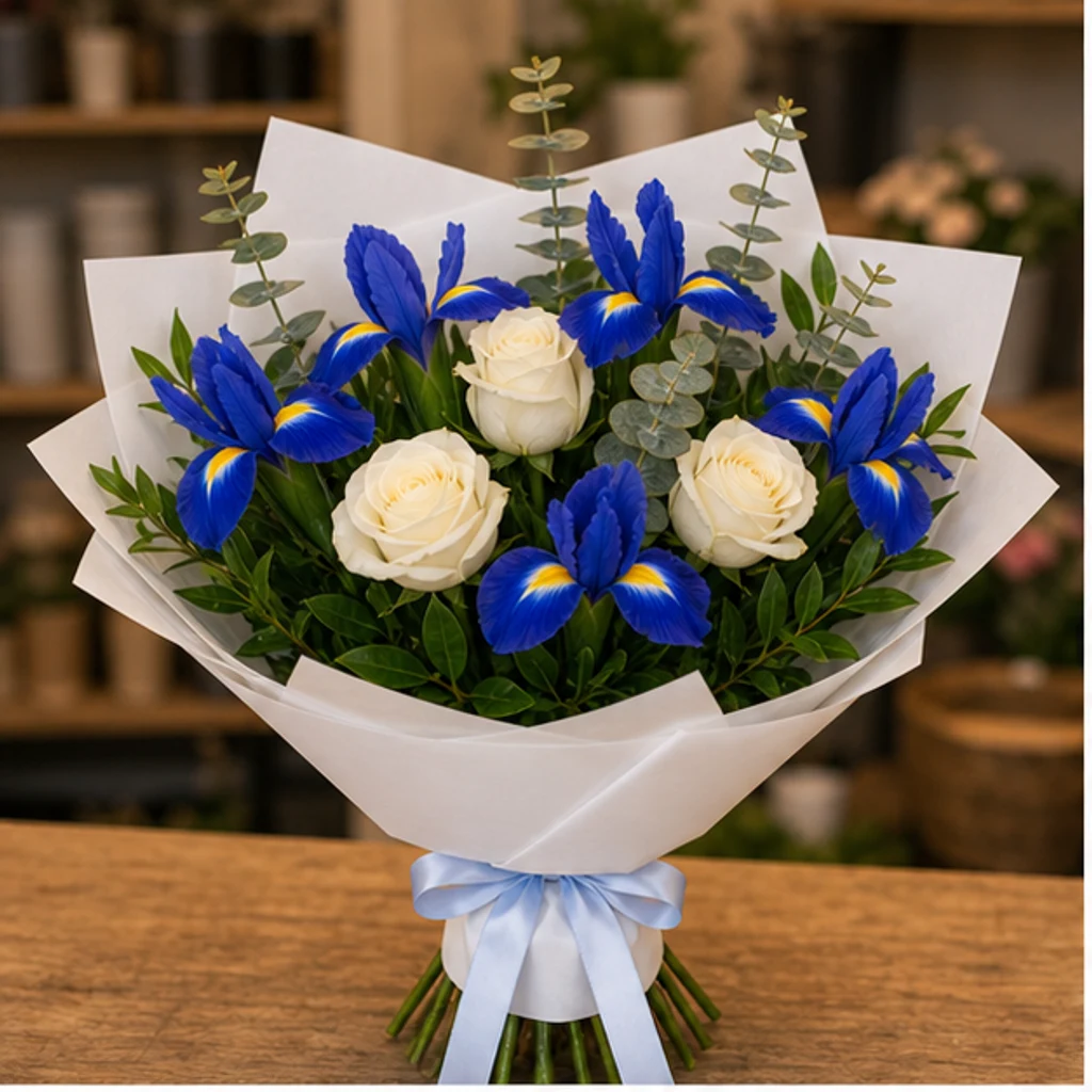 Buchet irisi albastri si trandafiri albi - poza 1