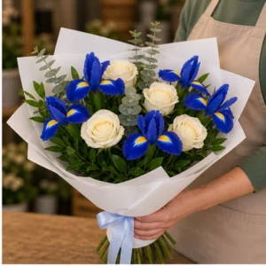 Buchet irisi albastri si trandafiri albi - poza 2