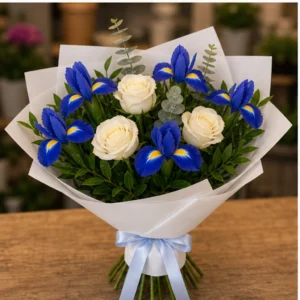 Buchet irisi albastri si trandafiri albi - poza 3
