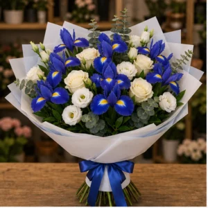 Buchet irisi albastri si trandafiri premium - poza 1