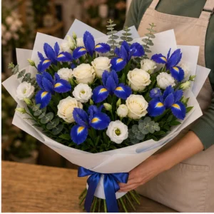 Buchet irisi albastri si trandafiri premium - poza 2
