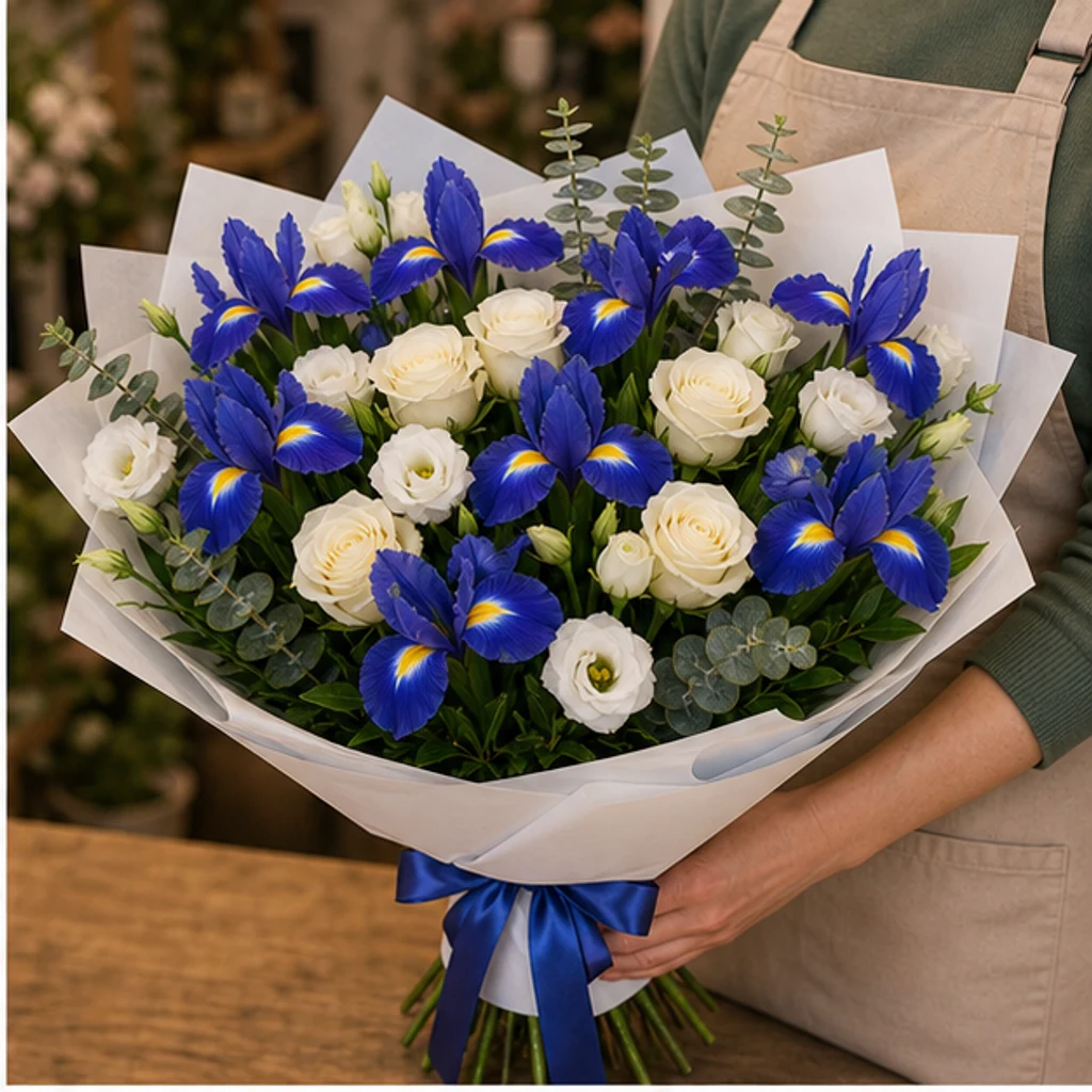 Buchet irisi albastri si trandafiri premium - poza 2