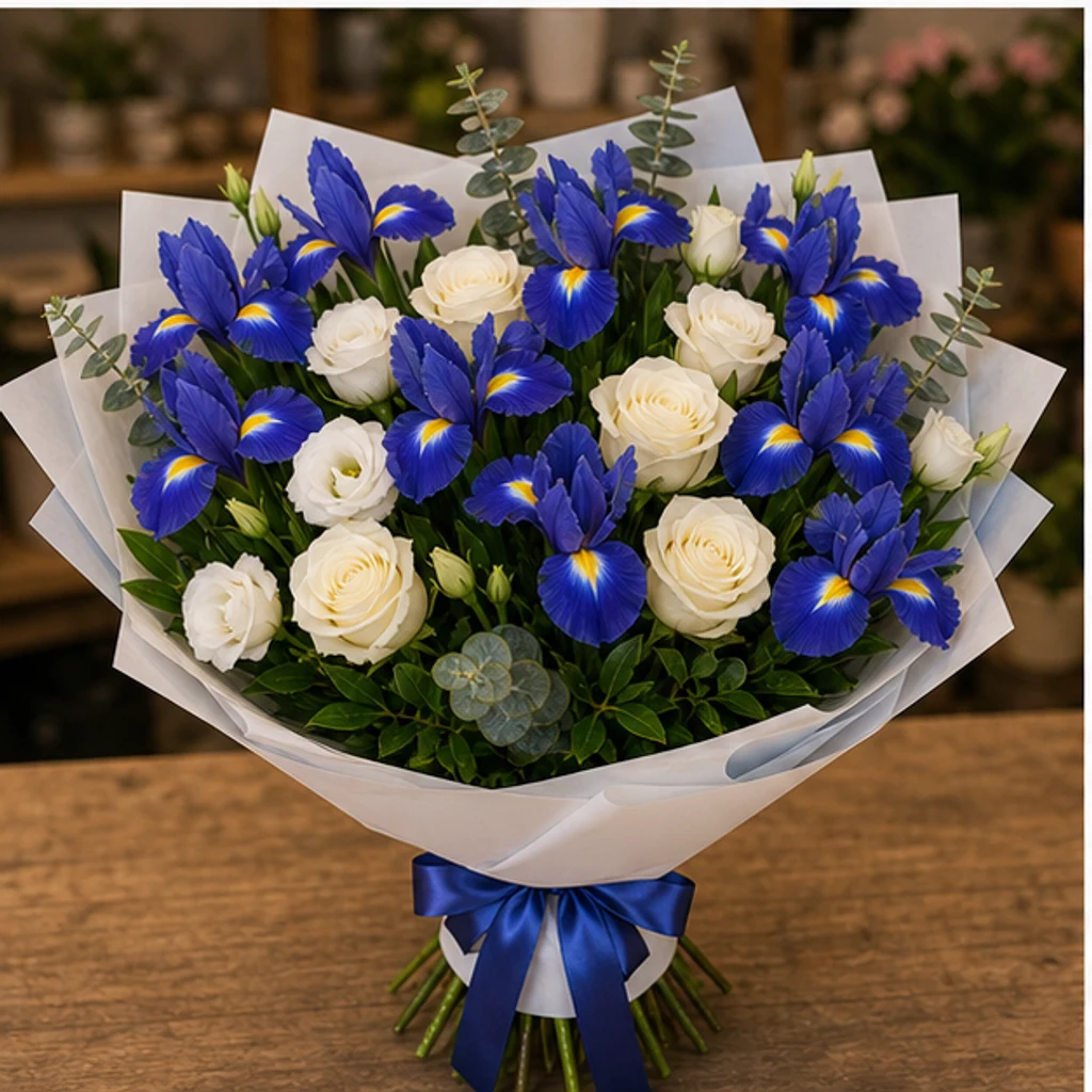 Buchet irisi albastri si trandafiri premium - poza 3