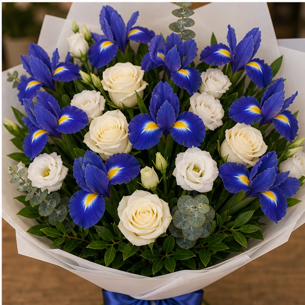 Buchet irisi albastri si trandafiri premium - poza 4