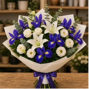 Buchet irisi mov royal cu crini si lisianthus - poza 1