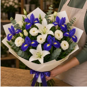 Buchet irisi mov royal cu crini si lisianthus - poza 2