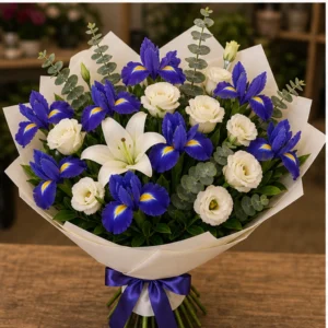 Buchet irisi mov royal cu crini si lisianthus - poza 3