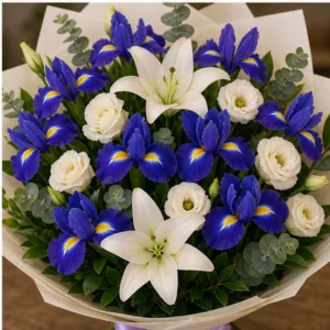 Buchet irisi mov royal cu crini si lisianthus - poza 4