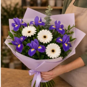 Buchet irisi mov si gerbera alba - poza 2