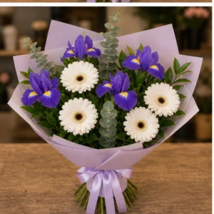 Buchet irisi mov si gerbera alba - poza 3