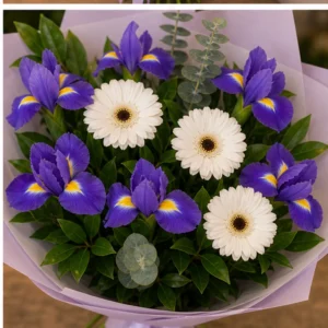 Buchet irisi mov si gerbera alba - poza 4