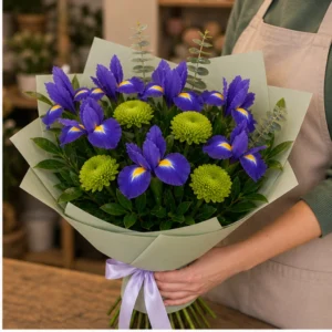 Buchet irisi mov si santini verde - poza 2