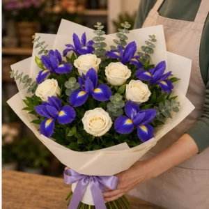 Buchet irisi mov si trandafiri crem - poza 2