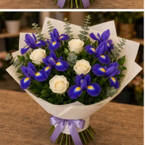 Buchet irisi mov si trandafiri crem - poza 3
