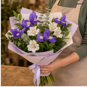 Buchet irisi violet si alstroemeria alba - poza 2