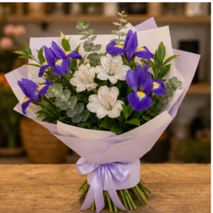 Buchet irisi violet si alstroemeria alba - poza 3