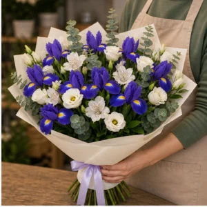 Buchet irisi violet si flori albe elegante - poza 2