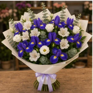 Buchet irisi violet si flori albe elegante - poza 3