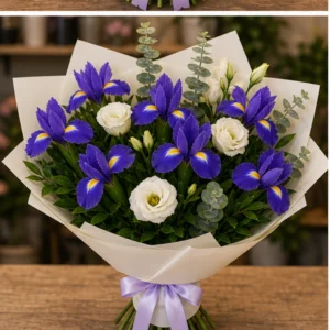 Buchet irisi violet si lisianthus alb - poza 3