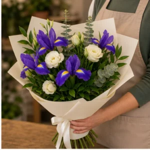 Buchet irisi violet si lisianthus crem - poza 2