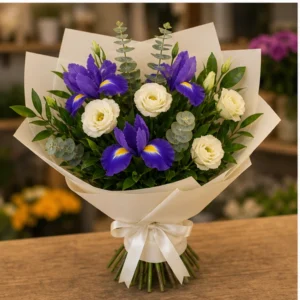 Buchet irisi violet si lisianthus crem - poza 3