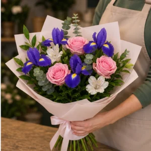Buchet irisi violet si trandafiri roz - poza 2