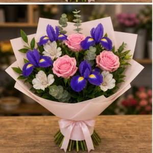 Buchet irisi violet si trandafiri roz - poza 3