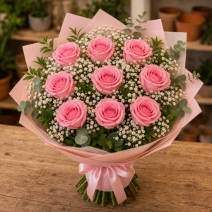 Buchet La Multi Ani 18 ani cu 9 trandafiri roz - poza 3