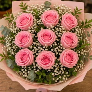 Buchet La Multi Ani 18 ani cu 9 trandafiri roz - poza 4
