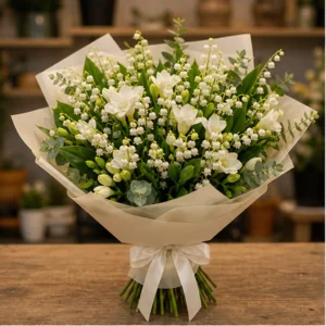 Buchet Lacramioare albe si frezii parfumate - poza 1