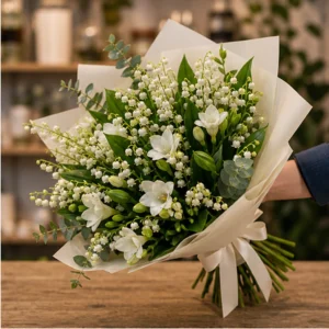 Buchet Lacramioare albe si frezii parfumate - poza 2