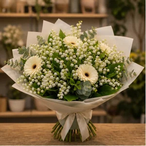 Buchet Lacramioare albe si gerbera crem - poza 1